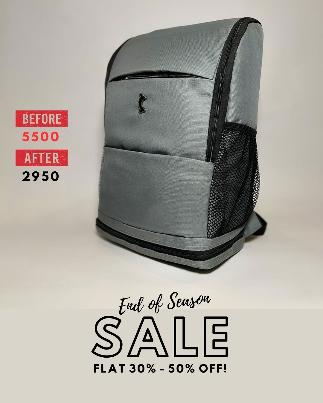 Gray backpack with promotional text on a white background