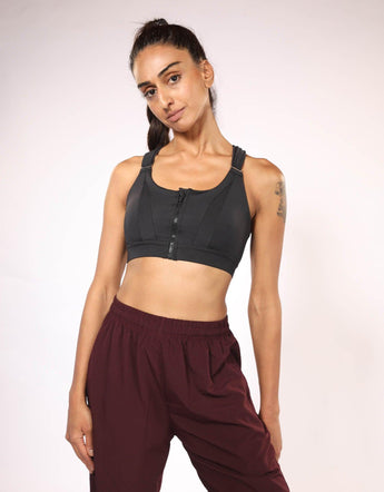 Adjustable Front Zip Sports Bra - Black