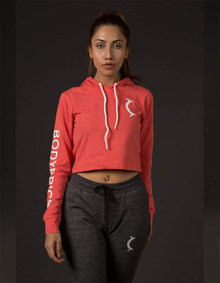 Power Mix Crop Hoodie - Coral Pink-Bodybrics-Women's Hoodie