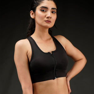 Front Zip Sports Bra - Black-Bodybrics-